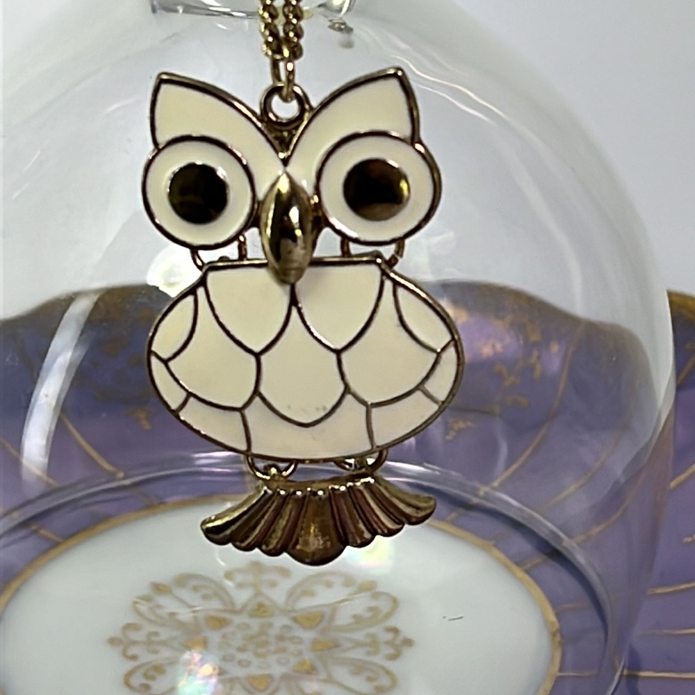 White and Gold Enamel Owl Necklace